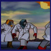 Notice that the others are watching him run off, surprised at how he looks even MORE deformed than them in labcoats.